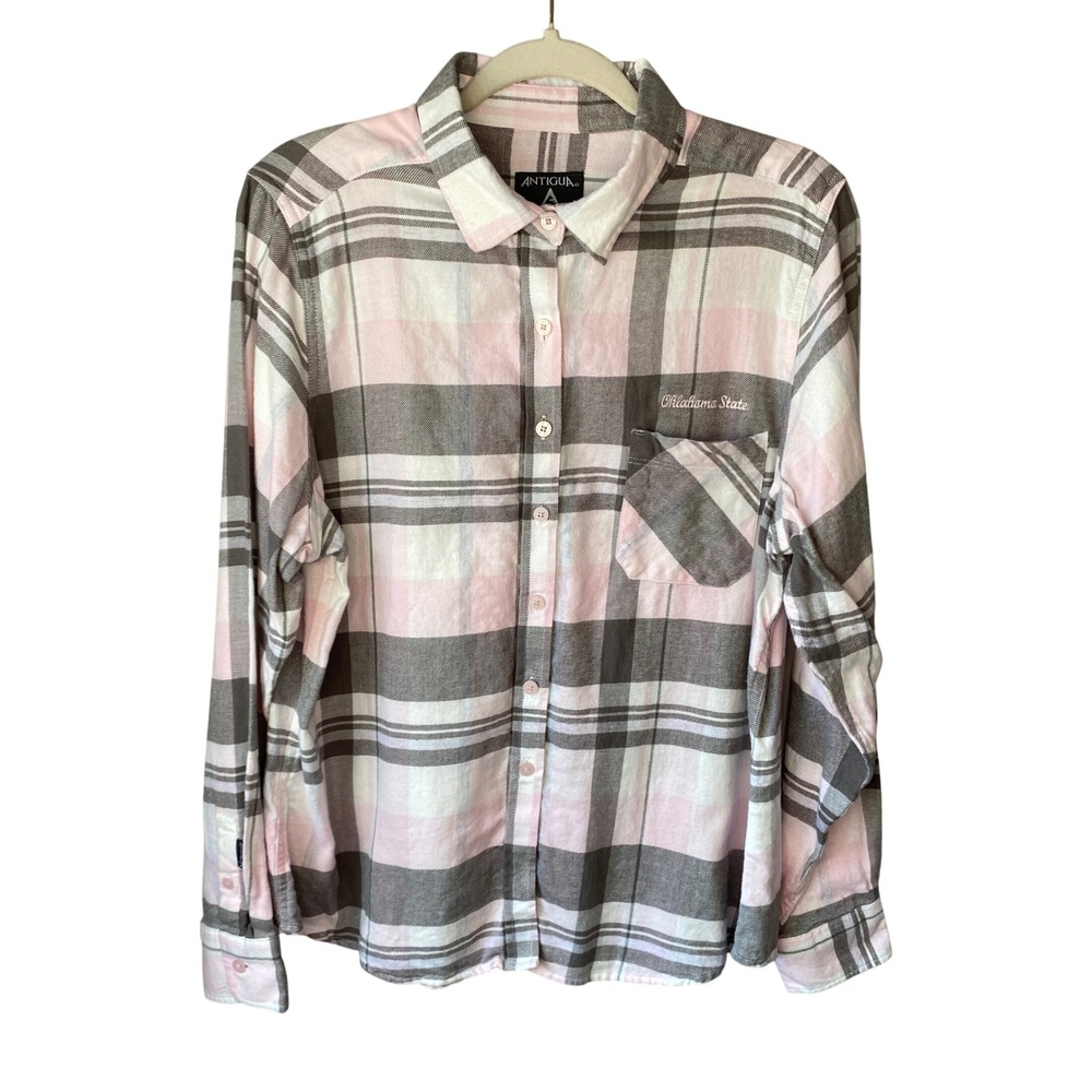 Antigua Oklahoma State Women XL Pink Grey Plaid Flannel Button Down Shirt OSU